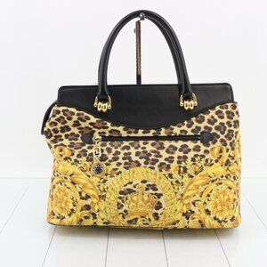 Versace Black and Gold Baroque Leopard Satchel